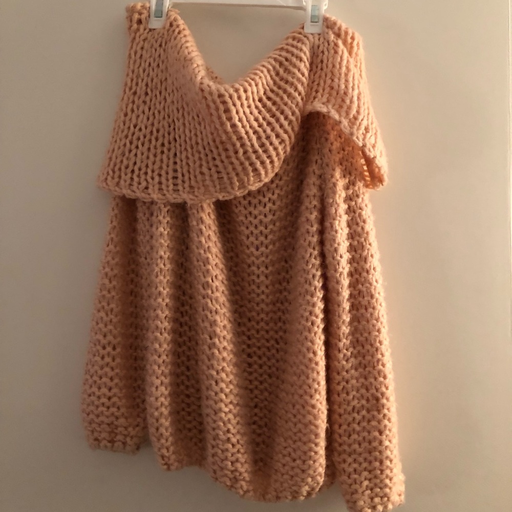 Off the shoulder warm cozy peach colored sweater